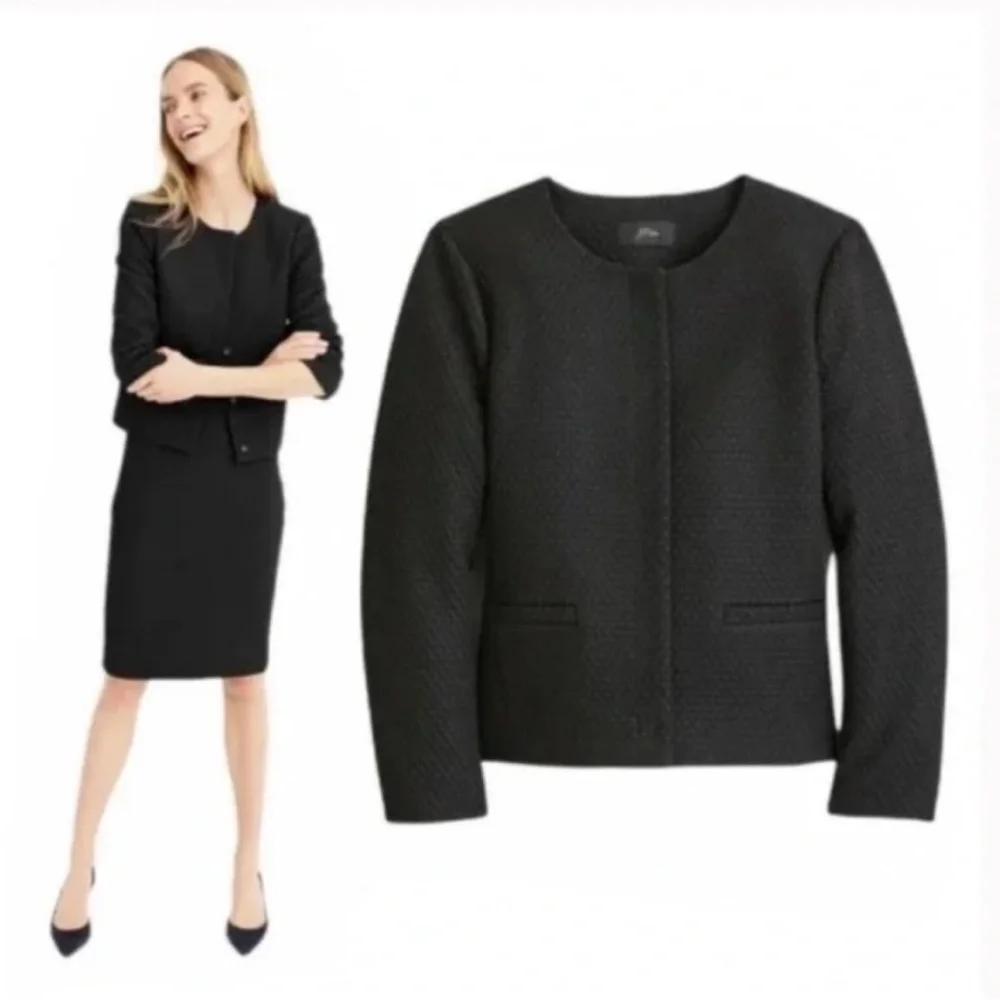 J.CREW Women Size 12 Black Matelasse Textured Collarless Portfolio Jacket Blazer